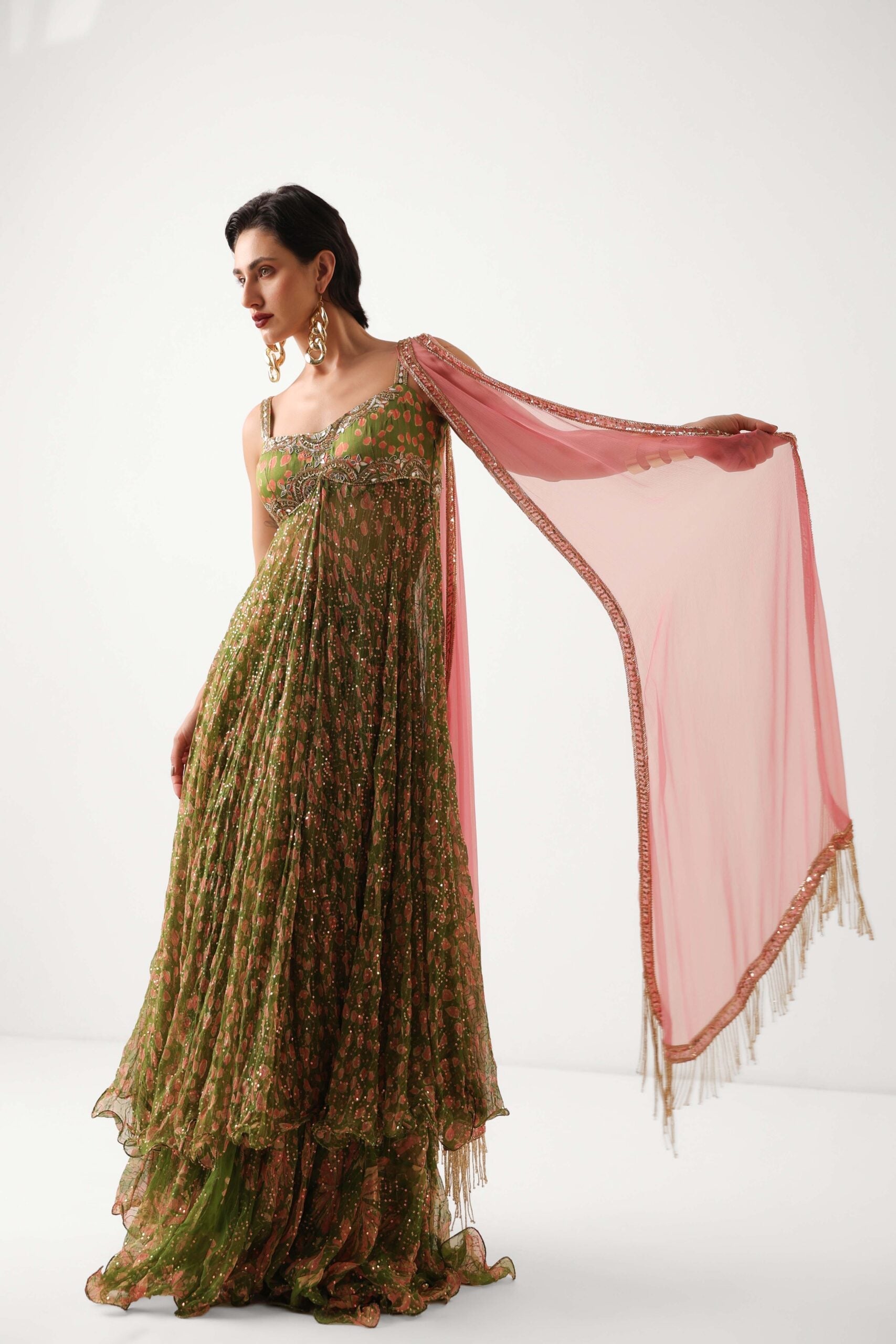 The Calcutta Mehendi set       in avacado green with gulabi dupatta