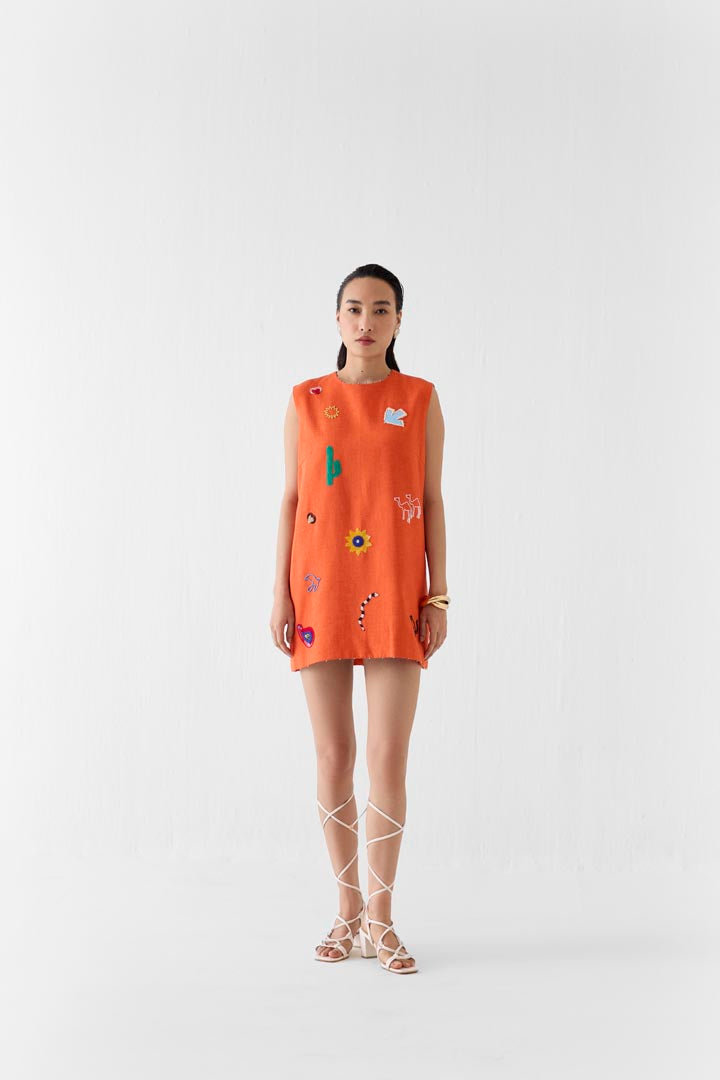 Sahara Dawn Hand Embroidered Linen Short Dress in Orange