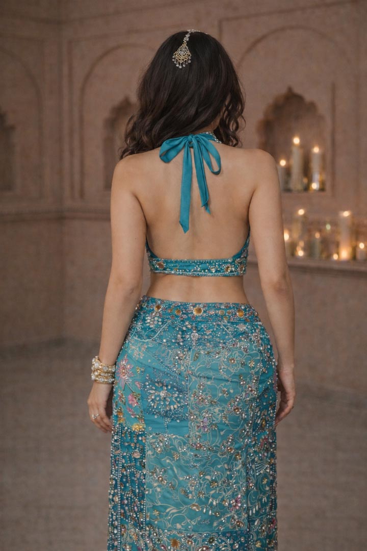 Dazzling Blue Embellished Skirt & Bustier Set for Royal Occasions