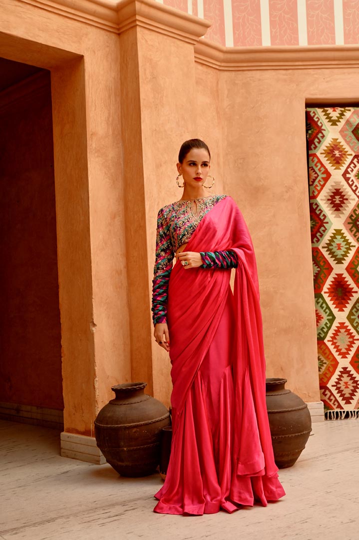 Image of Hot Pink drape saree with 'QUEEN' blouse