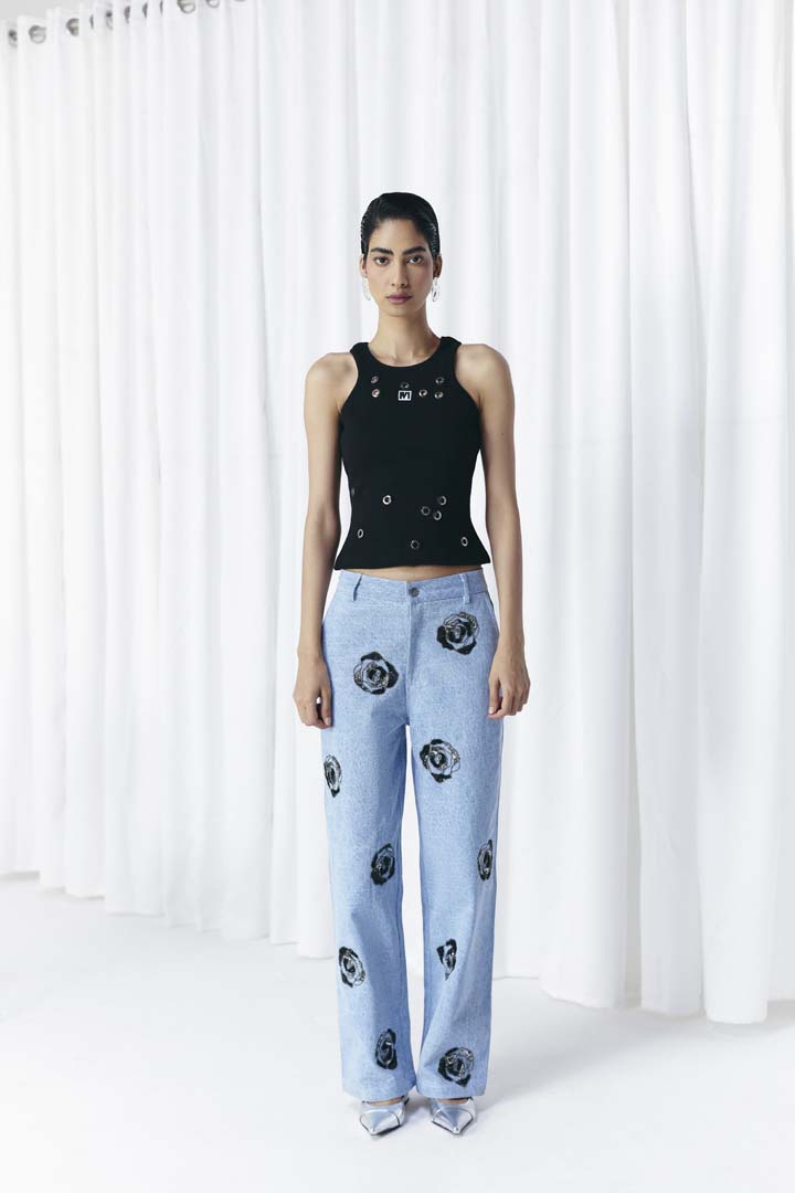 WASHED DENIM EMBELLISHED JEANS