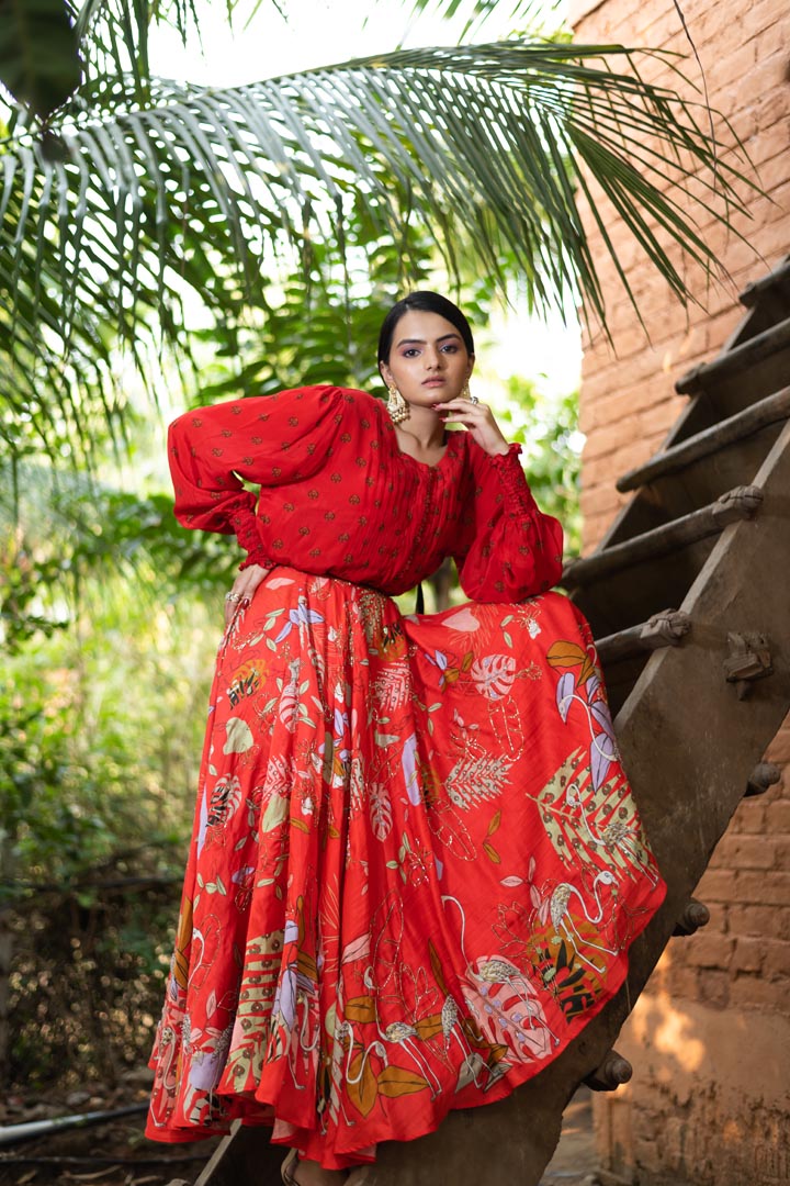 Red Embroidered Skirt Set