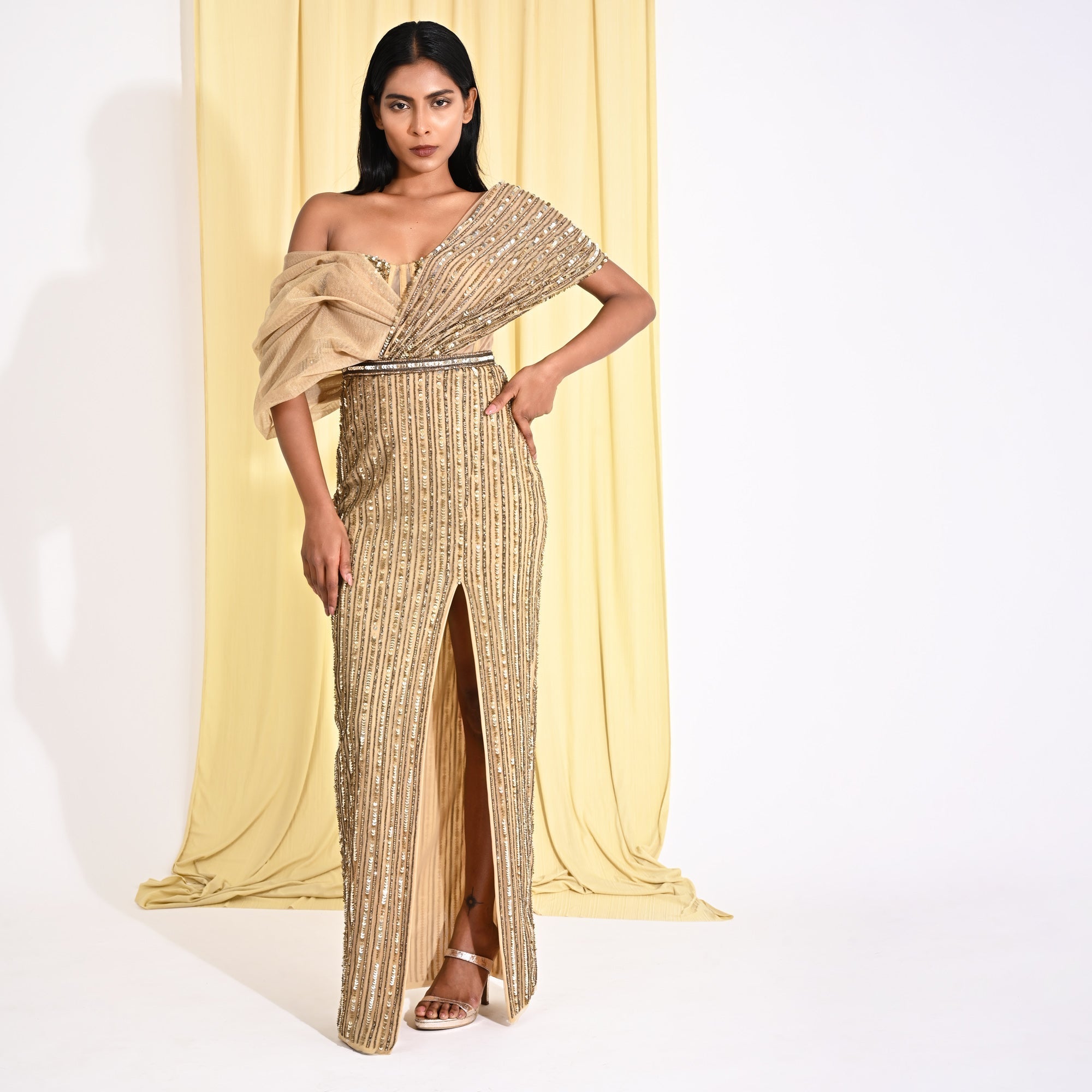 Image of Gold Embellished Olive Pleated Sleeve Drape Gown