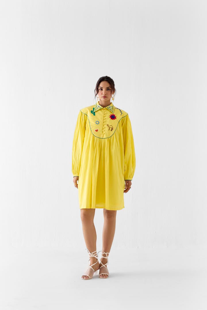 Peela Mulmul Hand-Embroidered Yellow Summer Dress with Potli Buttons