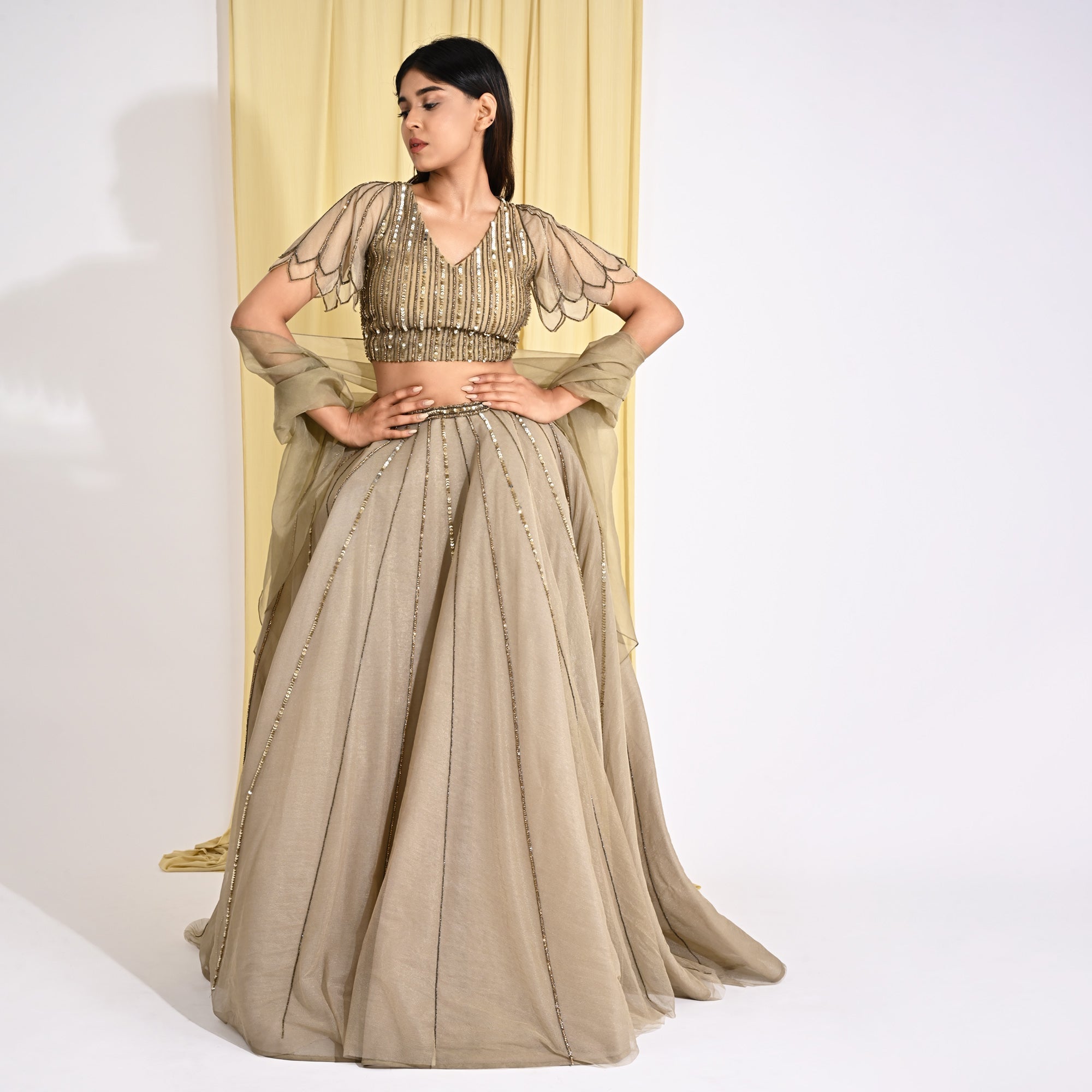 Image of Gold Embellished Olive Lehenga set with Organza Stole