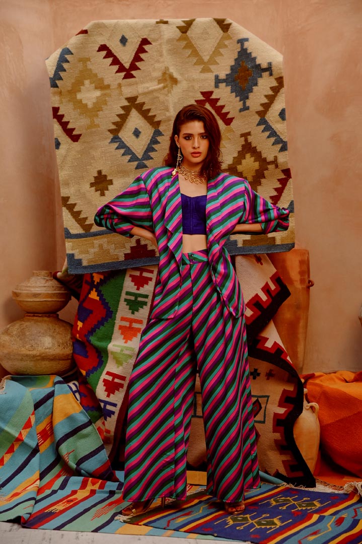 Image of Multi-colour indi-leheriya oversized jacket with corset and papa pants