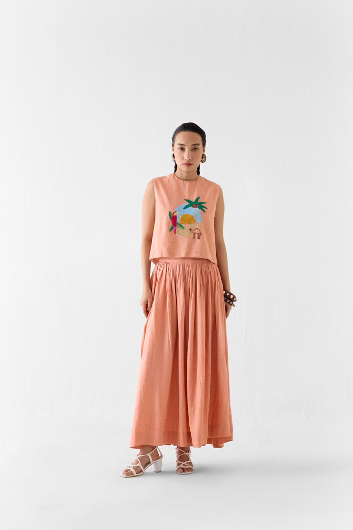 Sahara Peach Linen Crop Top & Skirt Co-ord - Luxury Embroidered Set