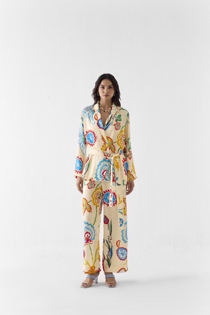 Sanganer Print Vegan Silk Blazer Shirt and Trousers Co-ord Set