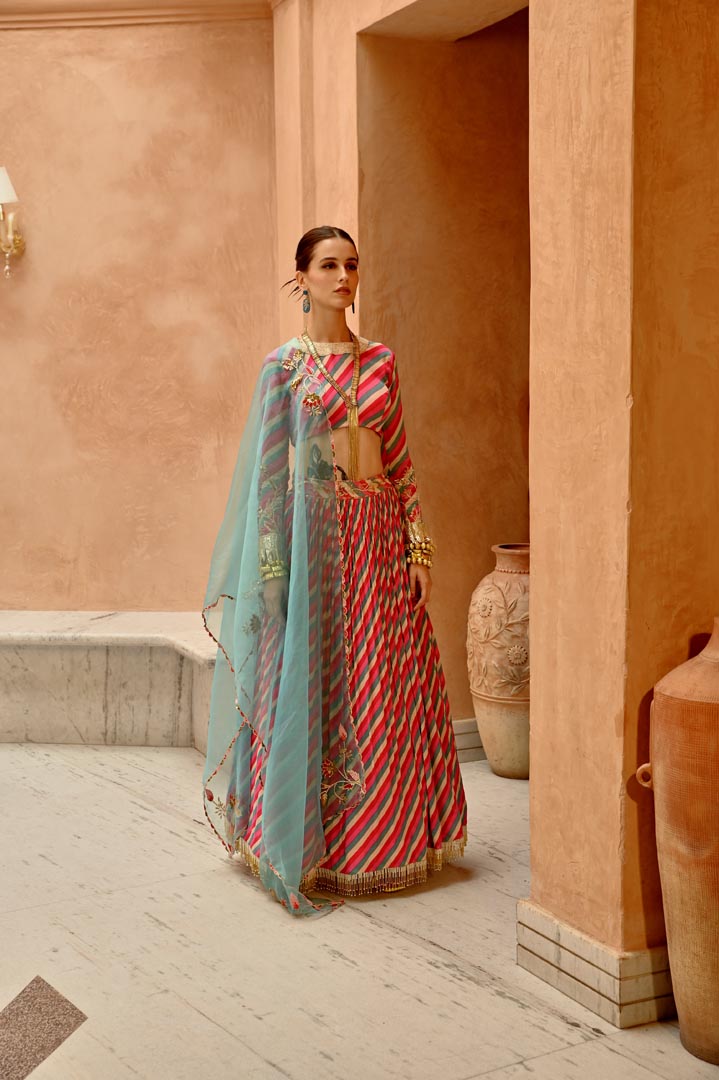 Image of Hot pink indi-leheriya blouse with tassel lehenga and dupatta set