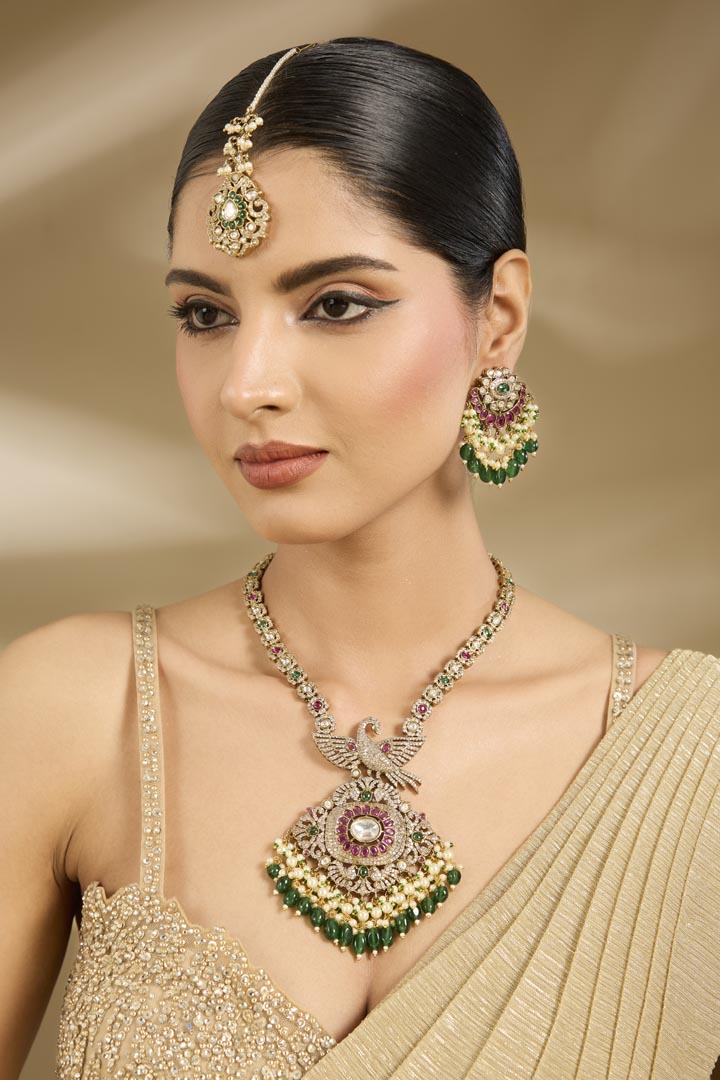 Gold-Plated Green & White Stone Long Necklace Set