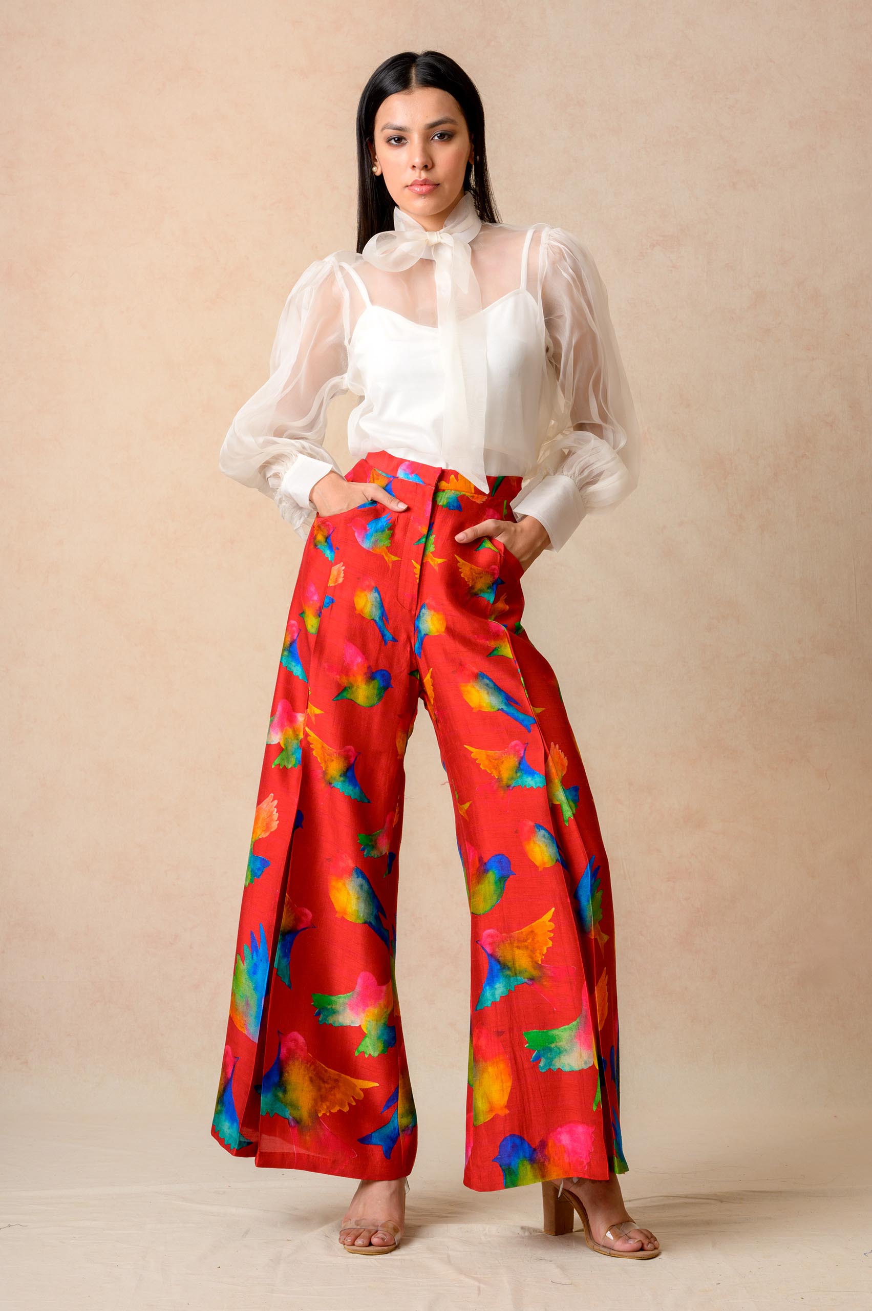 Organza top with flared pants