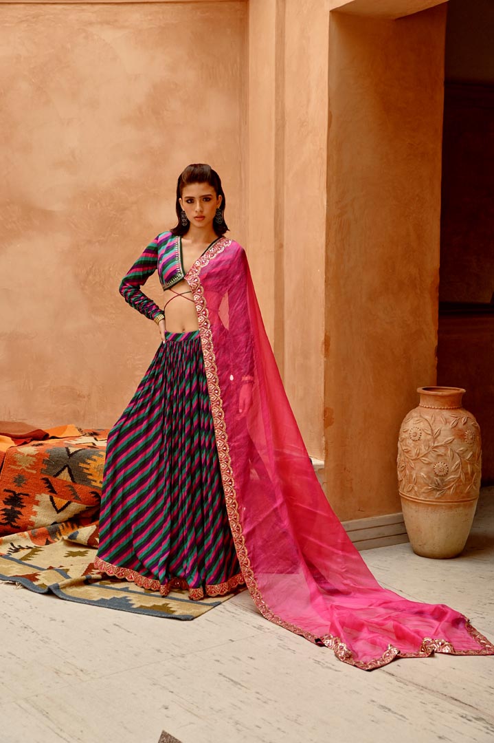 Image of Multi-colour indi-leheriya choli blouse with ruched lehenga and dupatta set