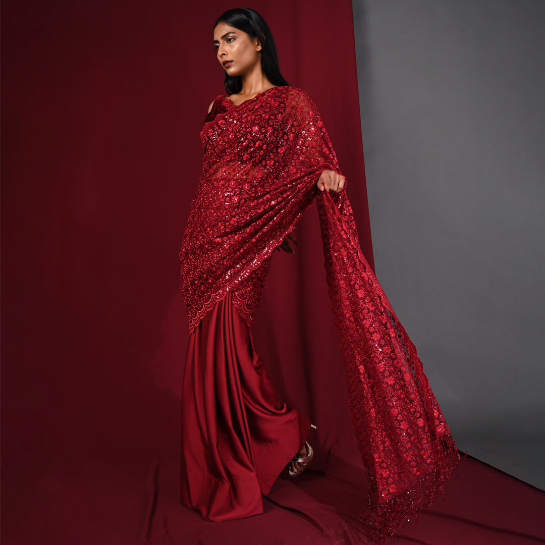 Image of Maroon Embroidered Wrap Saree Set