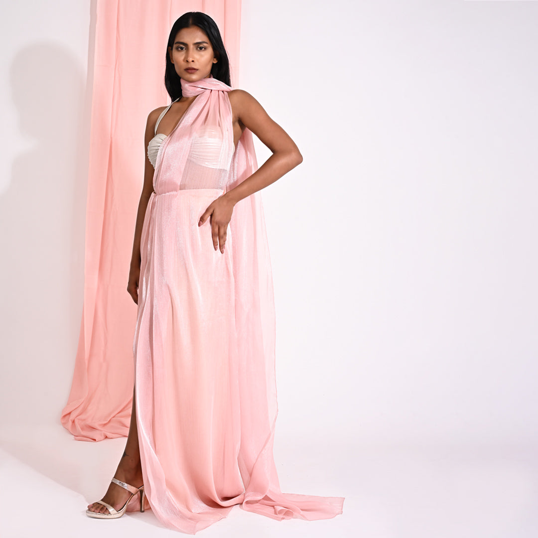 Image of Metallic Peaches Pink Organza Wrap Saree Set