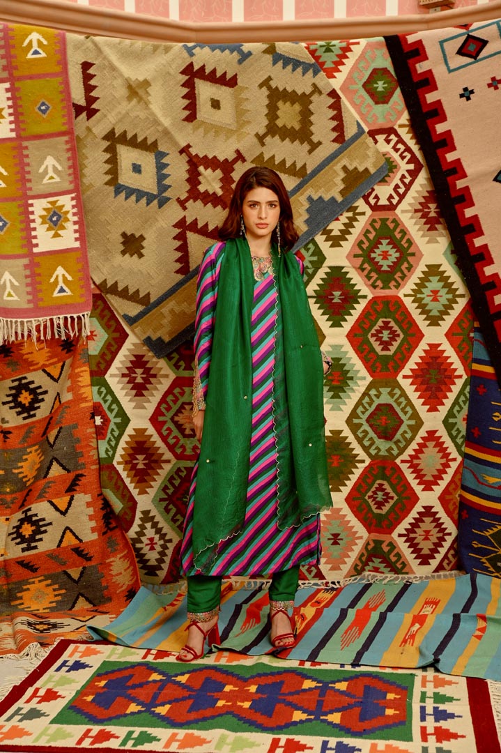 Image of Multi-colour indi-leheriya straight kurta, pants and dupatta set