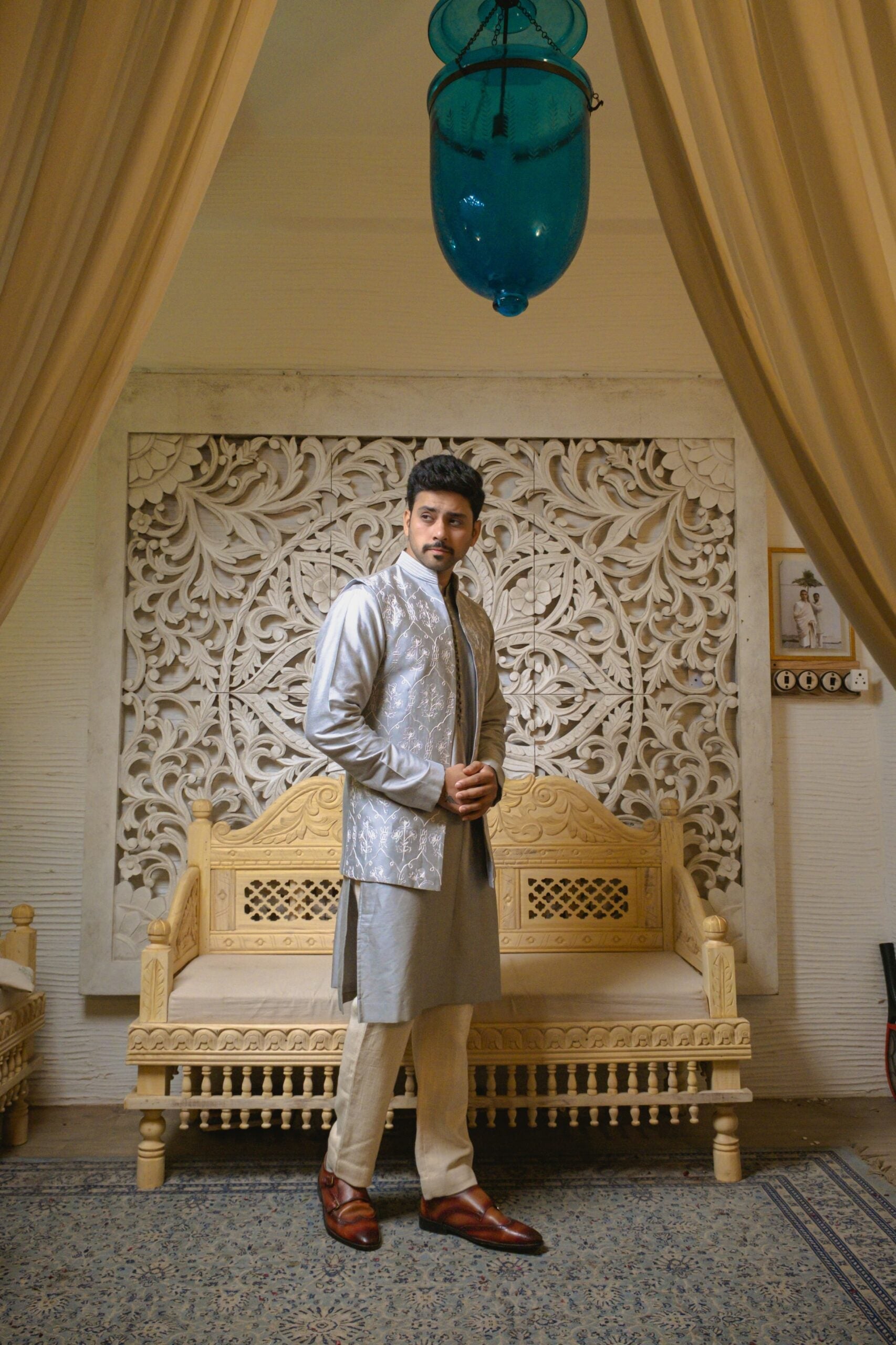 Steel grey kurta with nehru jacket