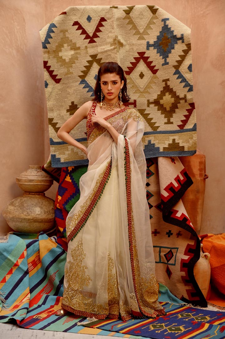 Image of Fawn 'QUEEN' saree withh beetroot sleeveless tie-up blouse.