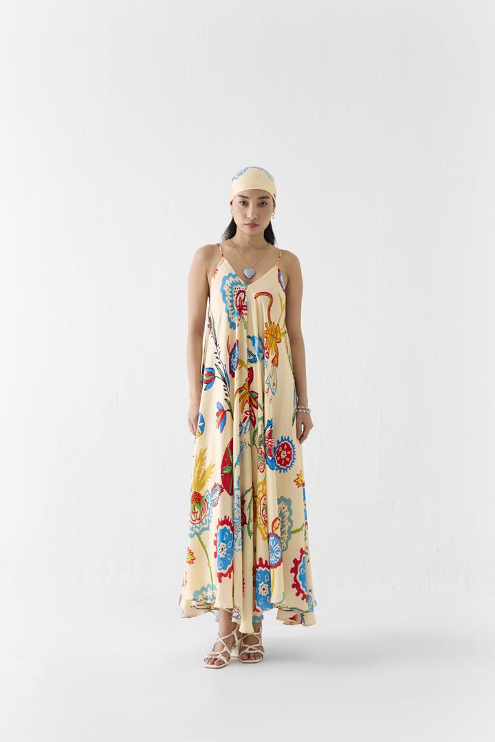 Sanganer Print Vegan Silk Strappy Dress - Luxury A-Line Summer Dress