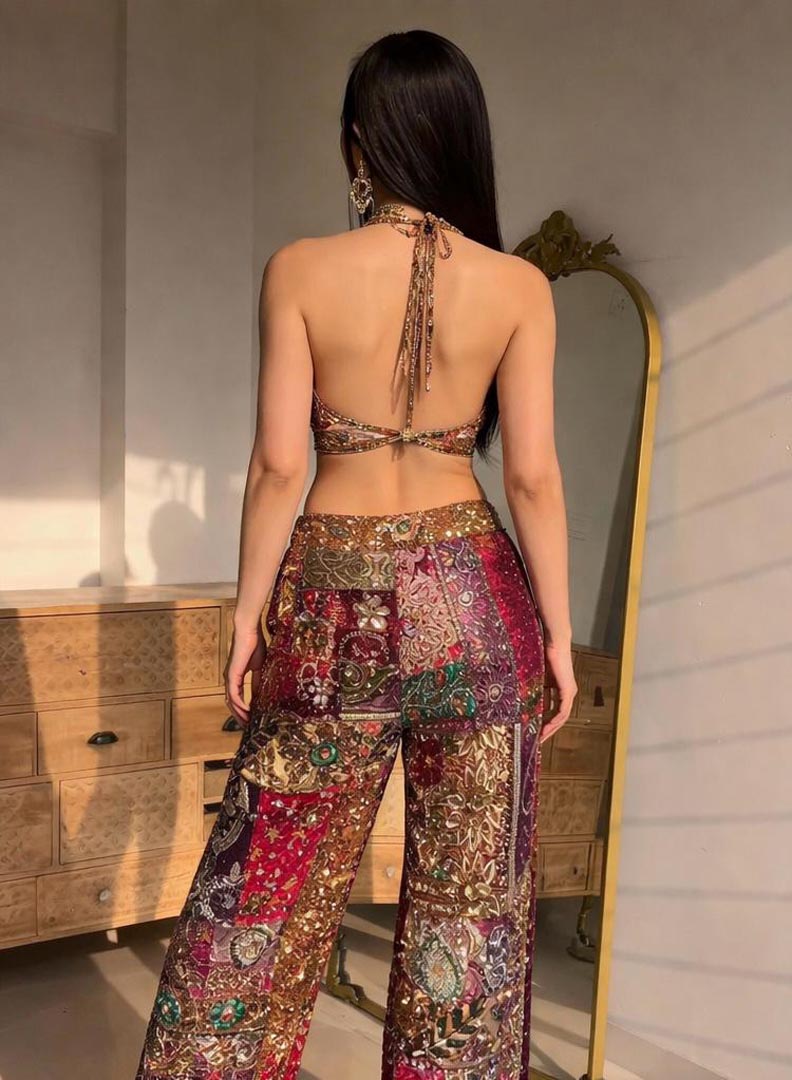 Imperial Hand-Embellished Patchwork Pant and Bikini Top Set