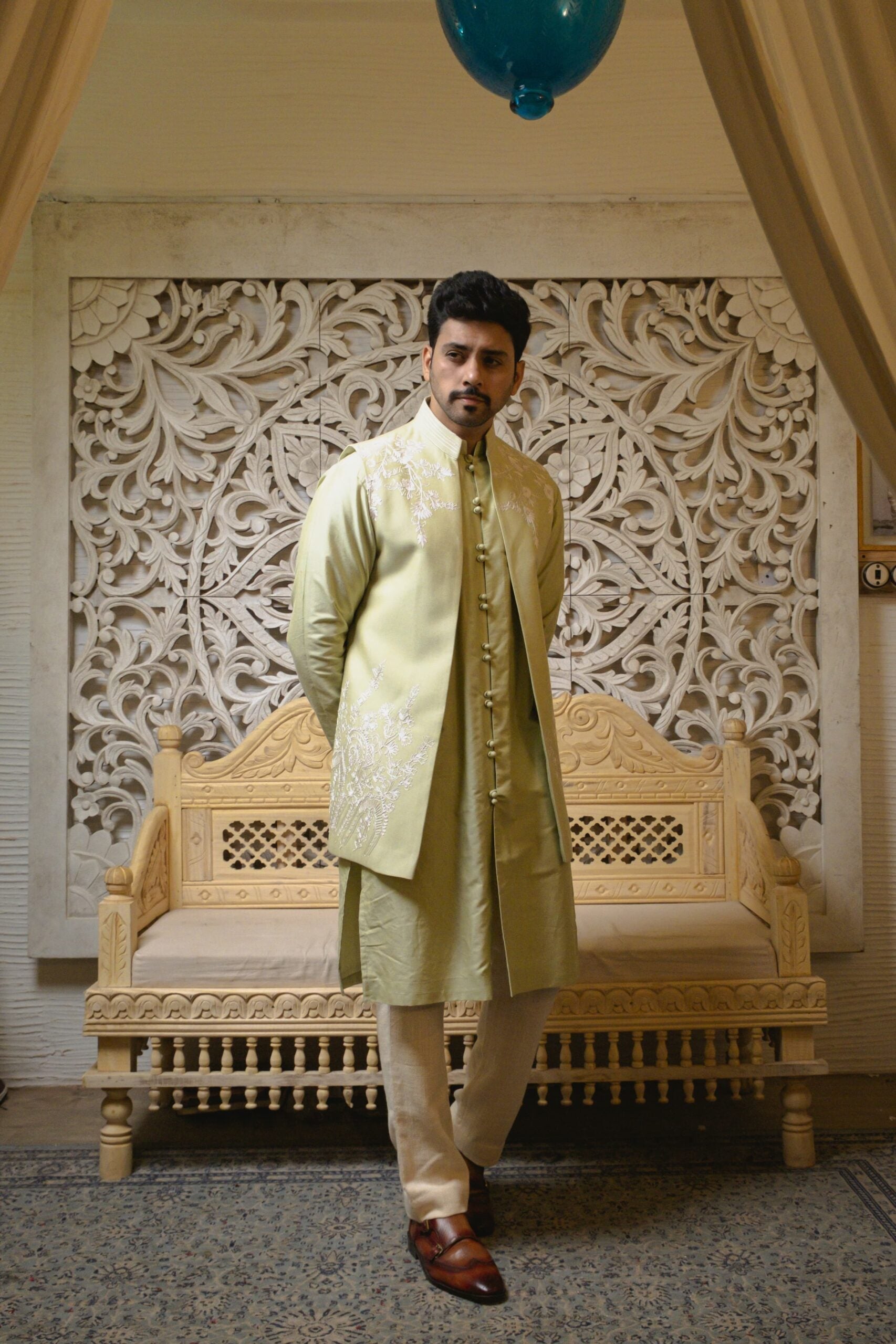 Mint green kurta with nehru jacket