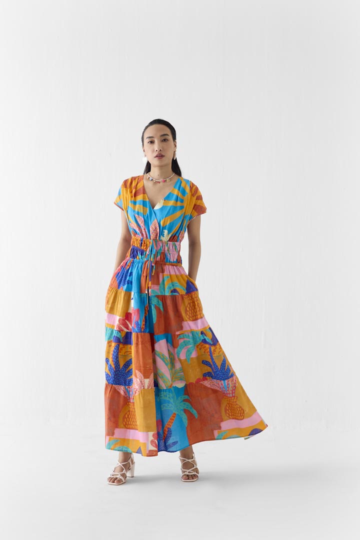 Kota Cinched Waist Dress - Hand Painted Cotton A-Line Maxi Dress