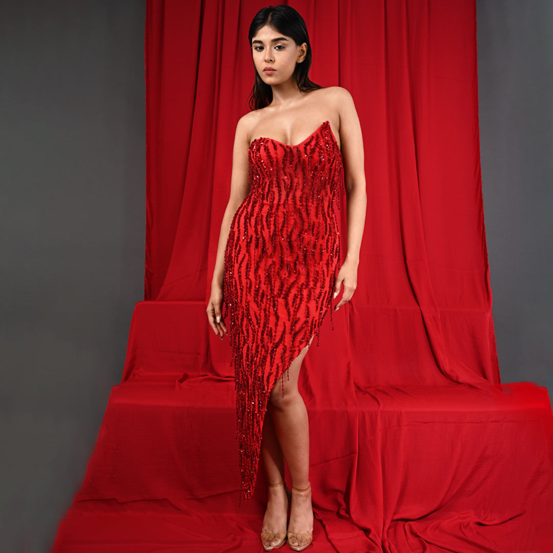 Image of Strapless Asymmetric Red Embellished Fringed Dress