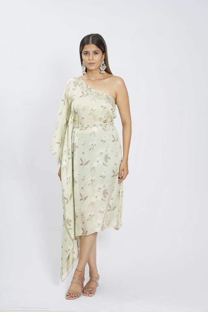 Pastel Green Embroidered Kaftan With Belt