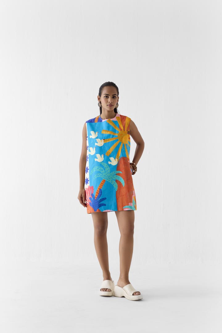 Kota Hand-Painted Cotton Shift Dress with Sequin Embroidery