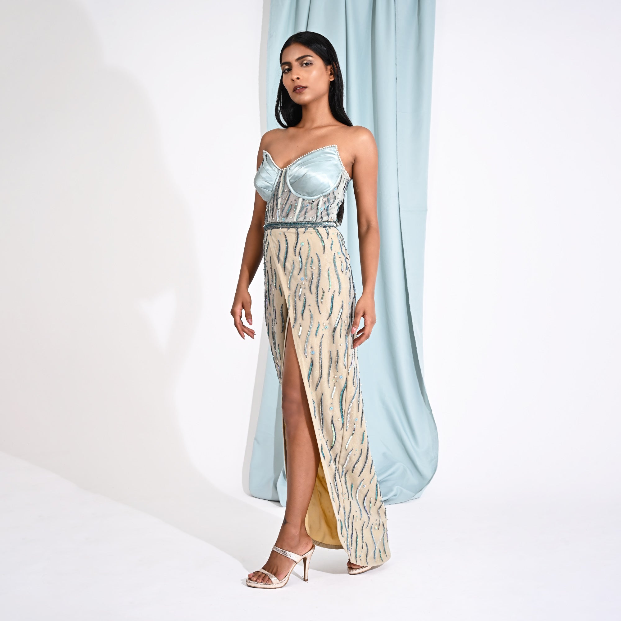 Image of Strapless Mint Blue Embellished Wrap Gown