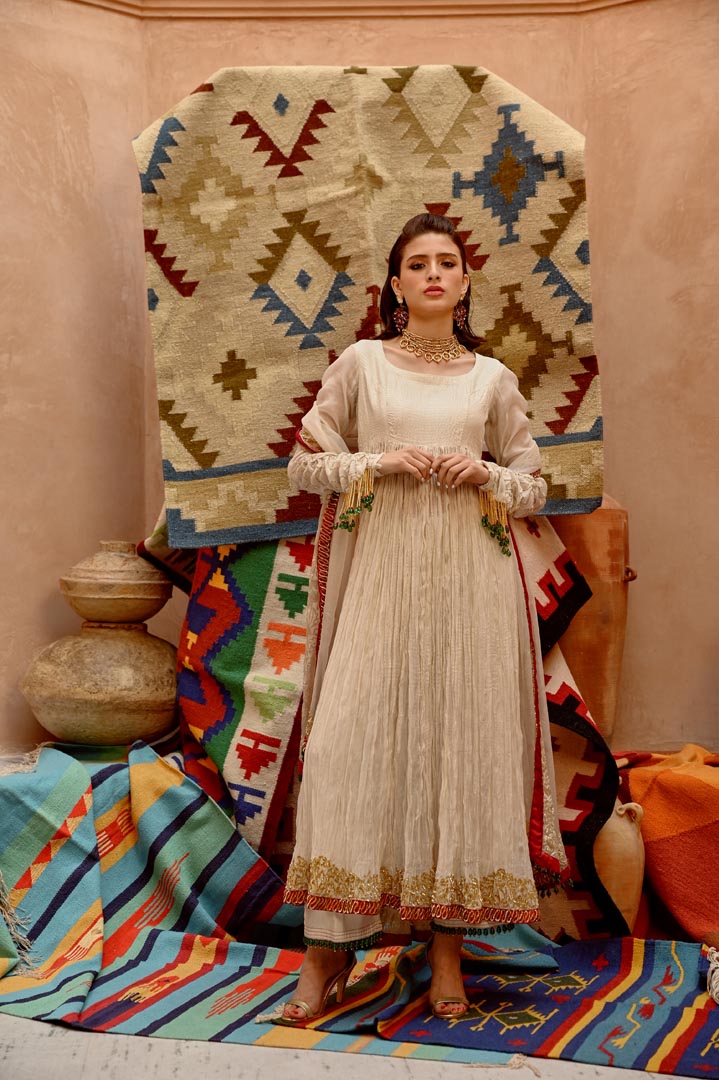 Image of Fawn crushed anarkali set