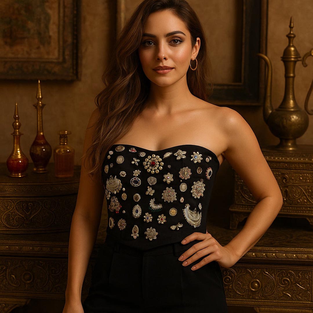 Jewel Crest Black Corset Top – Structured Strapless Festive Wear