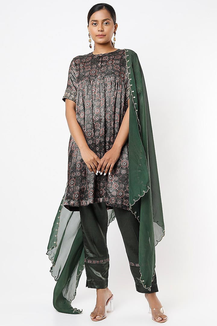 Teal Green Embroidered & Printed Kurta Set