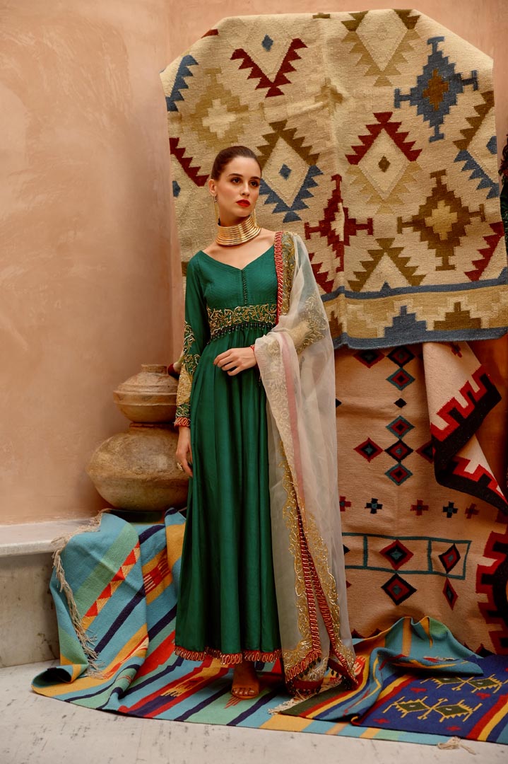 Image of Emerald Green anarkali, pants and dupatta set