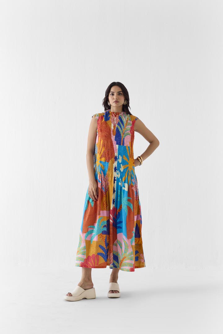 Kota Ruching Cotton Maxi Dress - Hand-Painted Artisanal Summer Wear