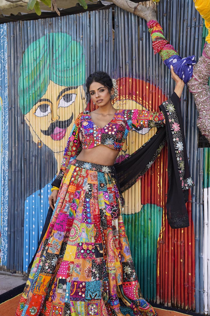 Katha ae Rang Patchwork Lehenga with Handcrafted Kutchi Mirror Work