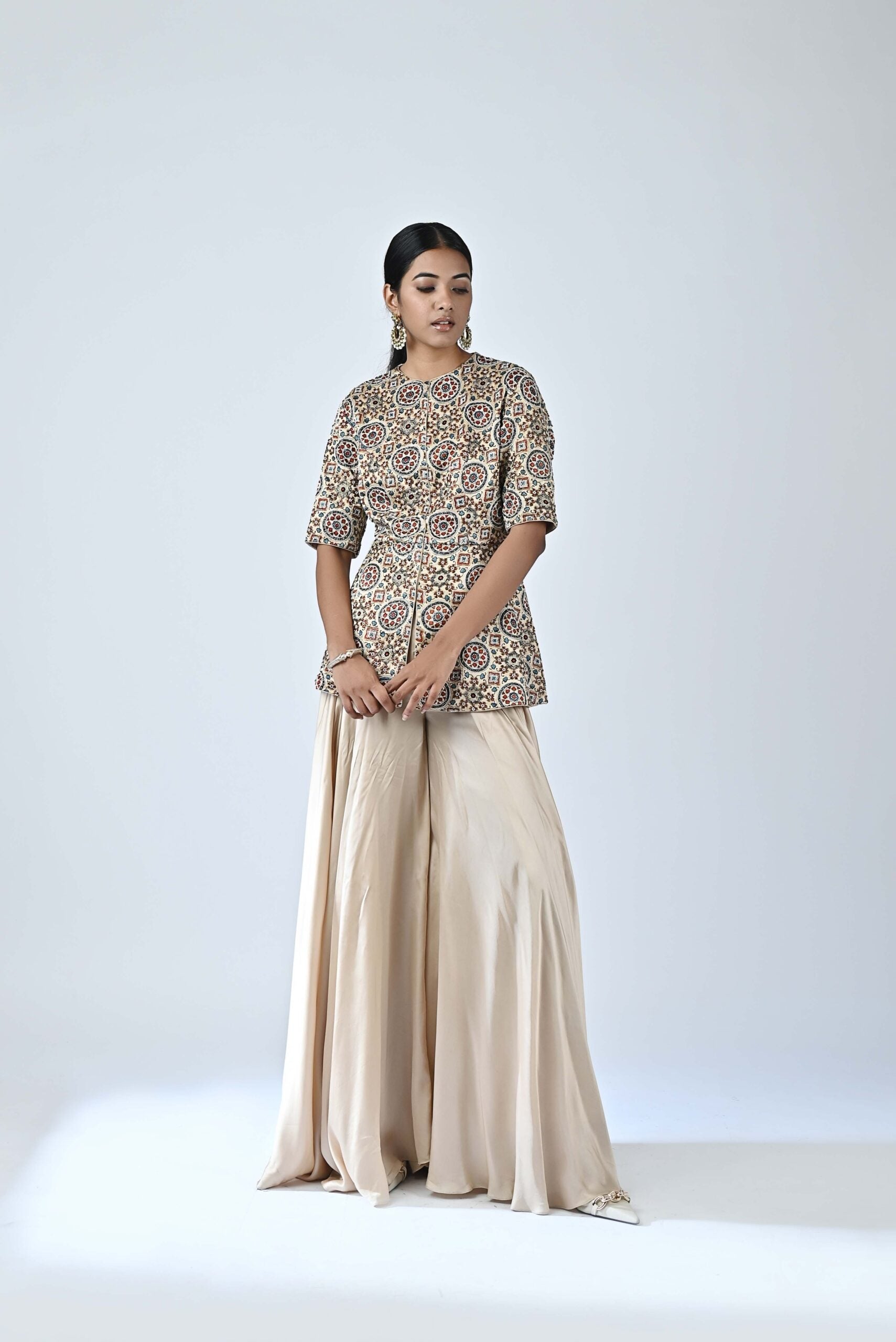 Ajrakh embroidered peplum top with flare pants