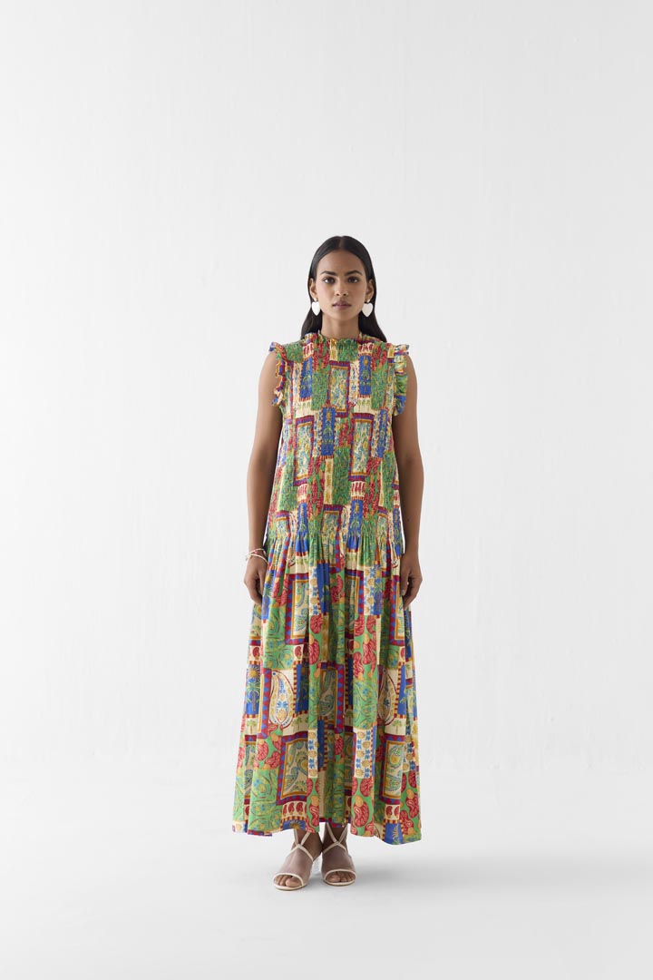 Johari Ruching Cotton Dress - Patchwork Print Summer Maxi Dress