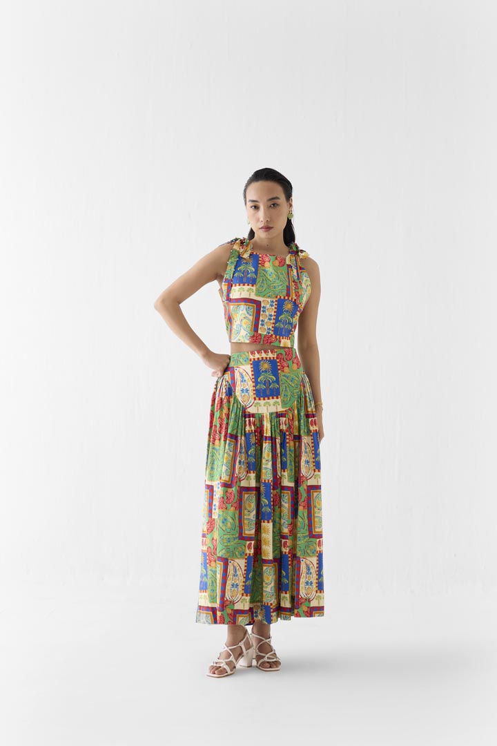 Johari Patchwork Print Cotton Crop Top and Gathered Skirt Co-ord