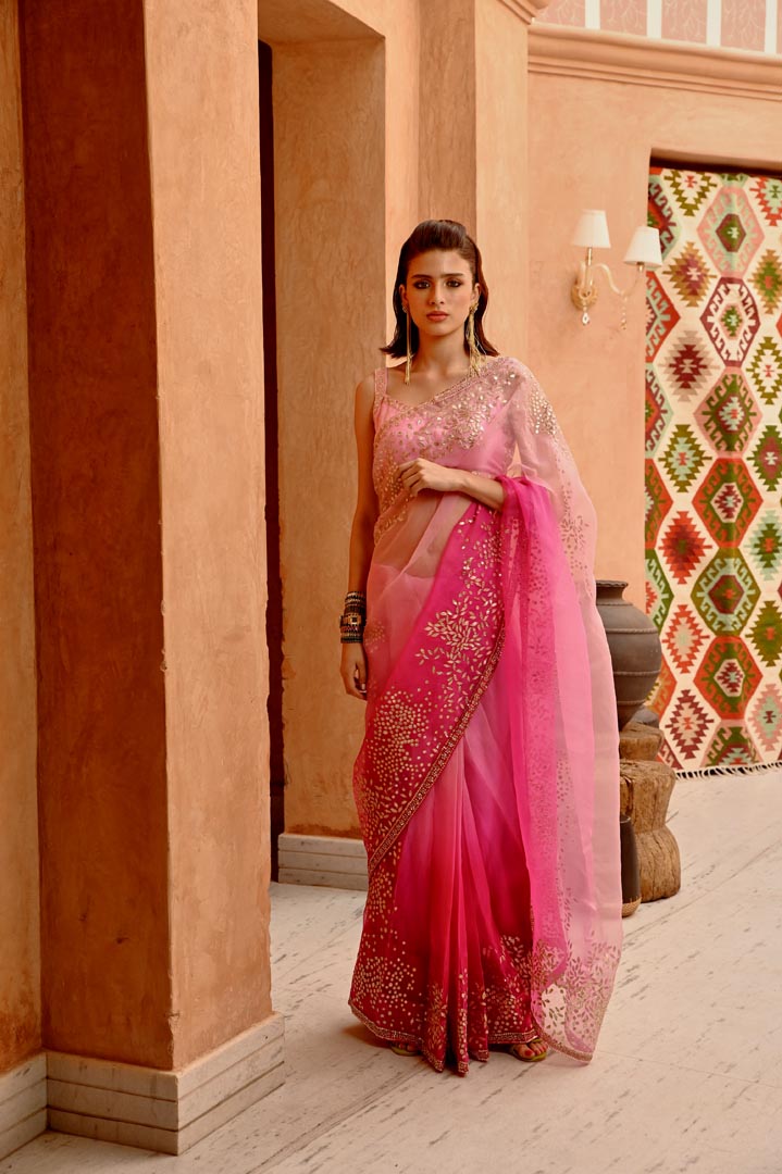 Image of Rose pink ombre saree and blouse set