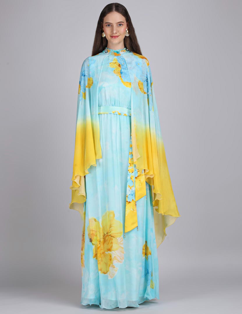 Aurora Bloom Tonal Teal placement print dress