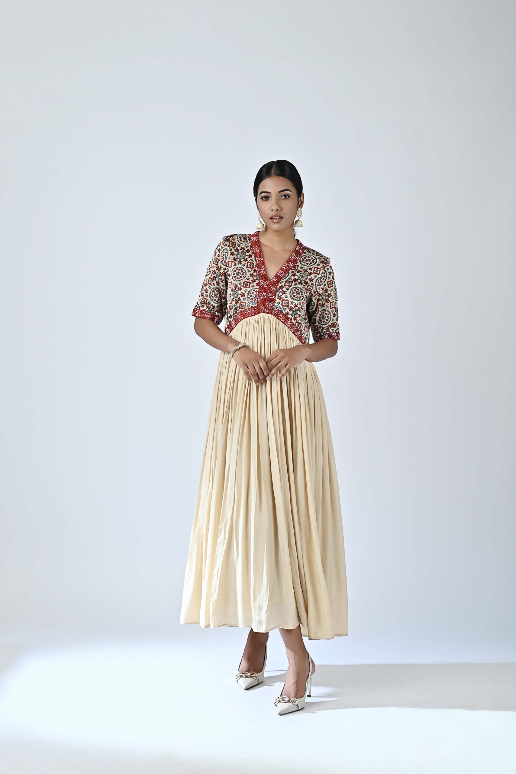 Ajrakh embellished v neck gathered dress