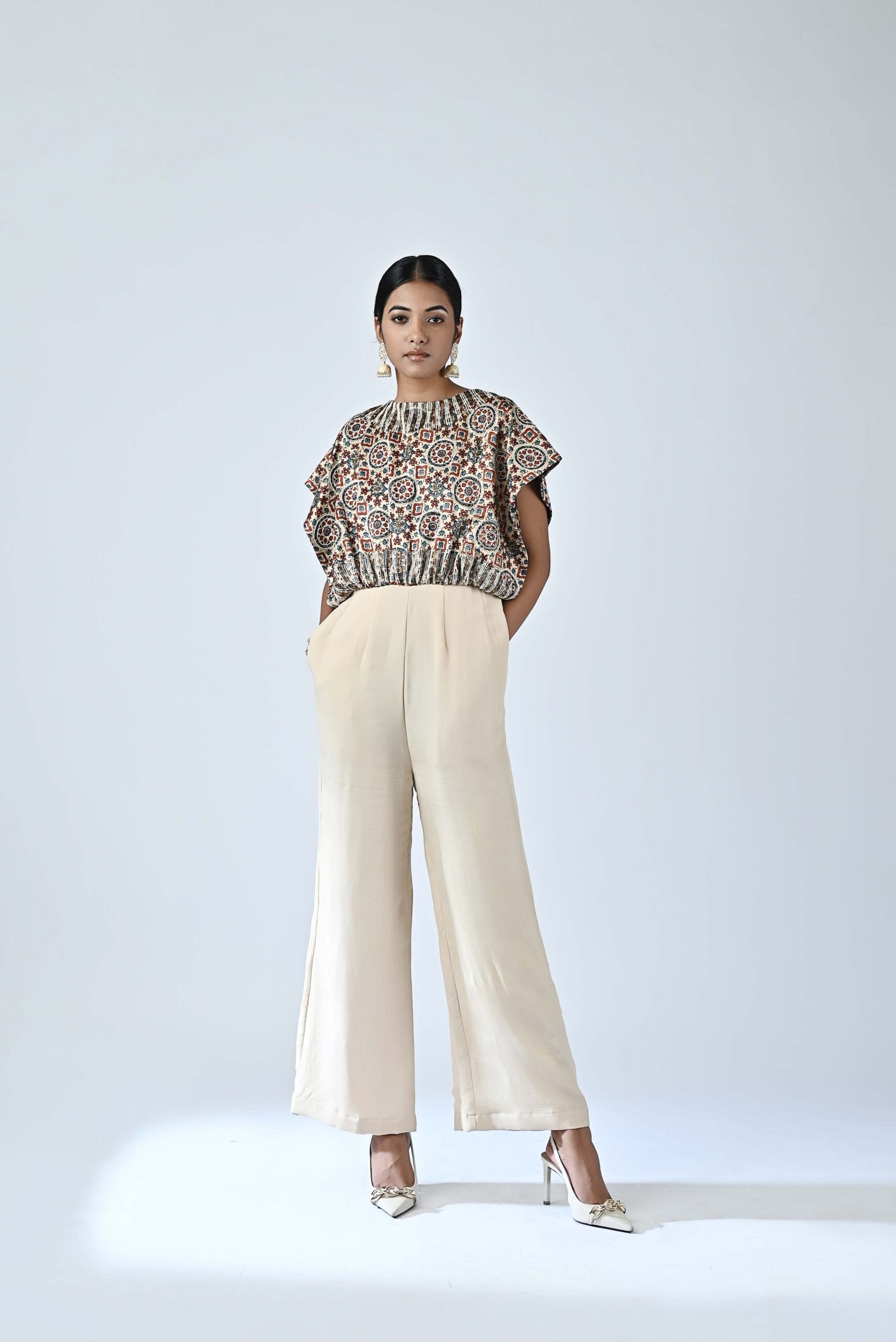Beige embroidered ajrakh jumpsuit