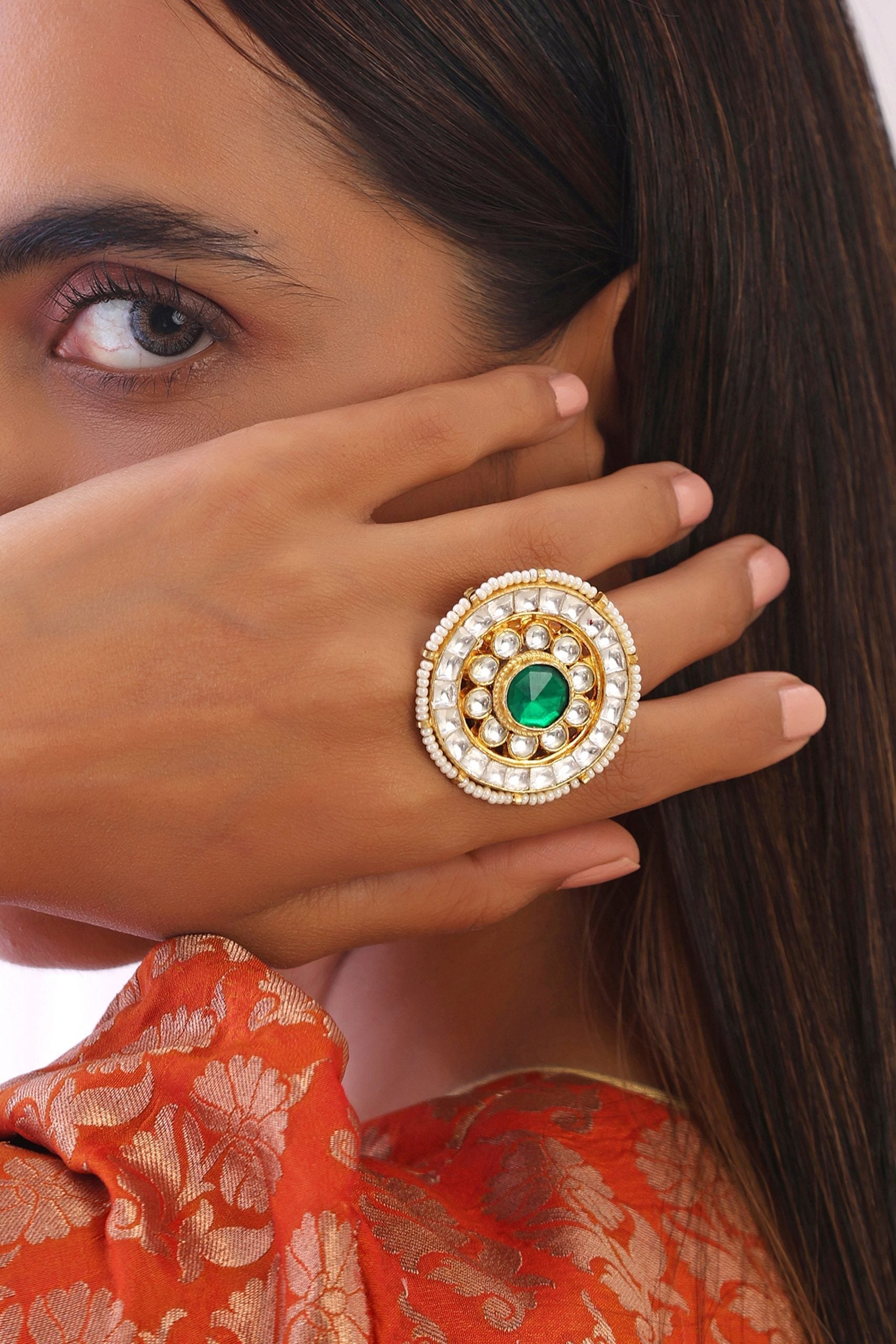 Green Gold Tone Kundan Ring