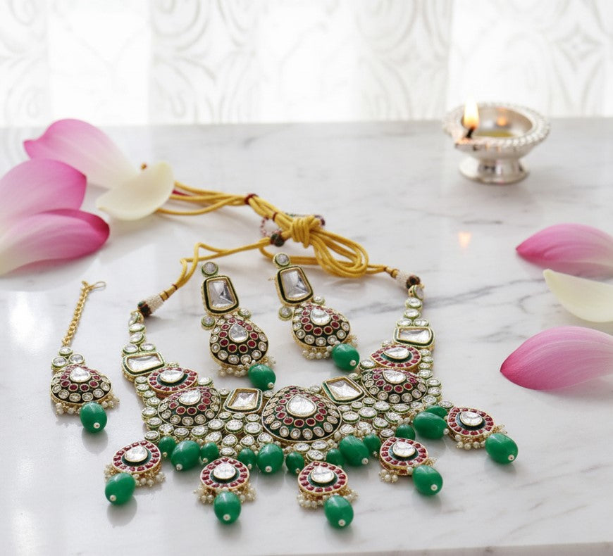 Rajwada Green Polki-Meena Necklace Set