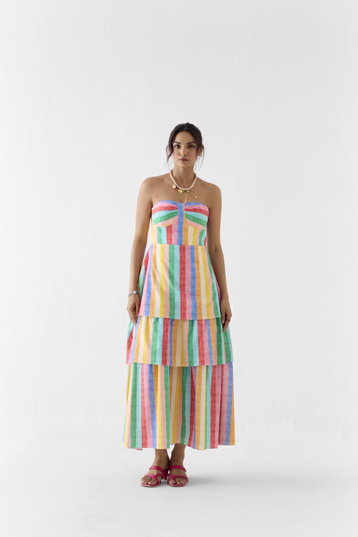 Leheriya Print Cotton Tiered Off Shoulder Dress for Summer Elegance