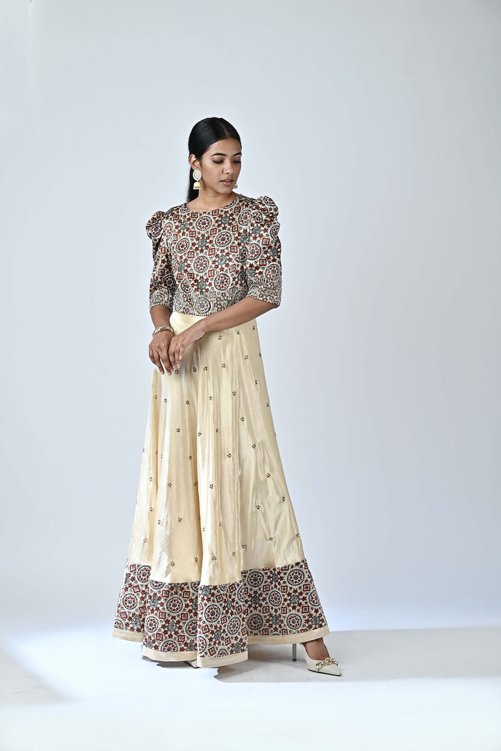 Ajrakh embroidered puffed sleeve anarkali
