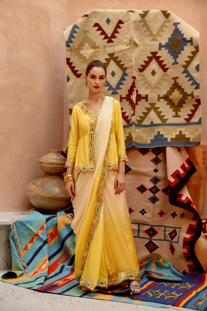 Image of Butterscotch yellow ombre saree with kurti blouse.