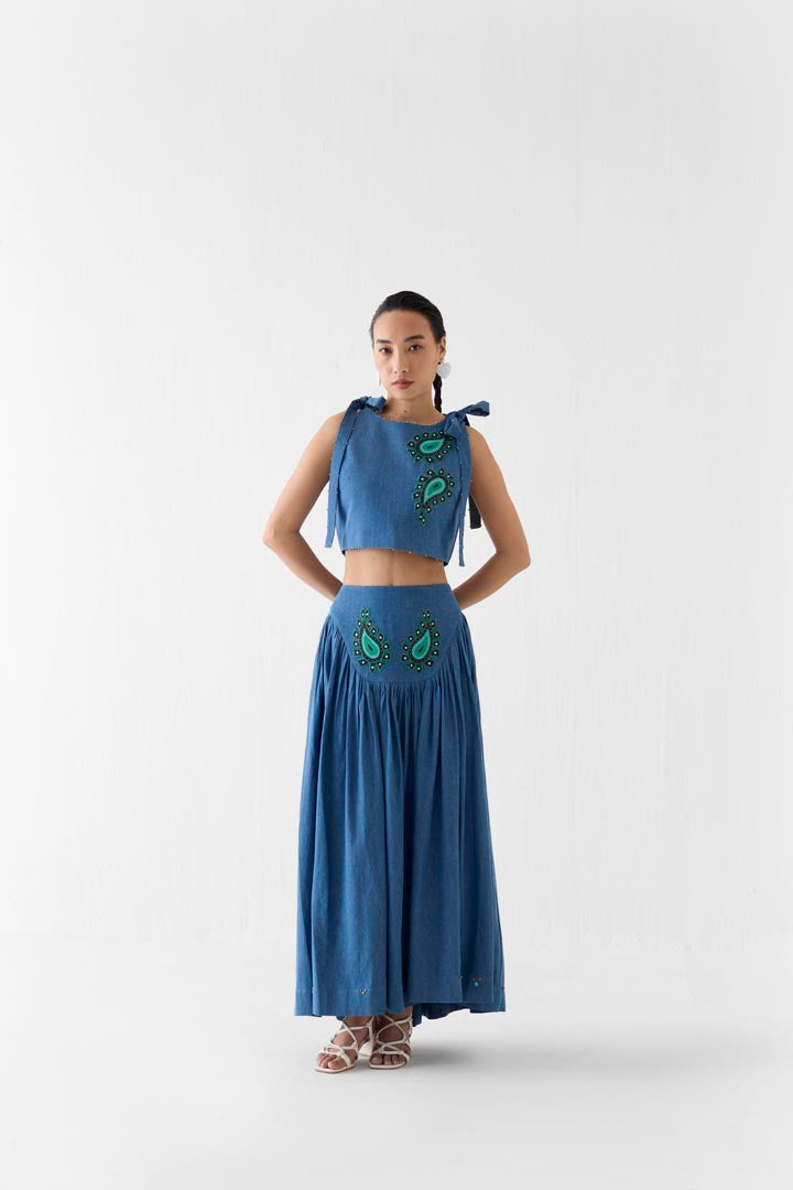 Indigo Embroidered Denim Crop Top & Gathered Skirt Co-ord Set