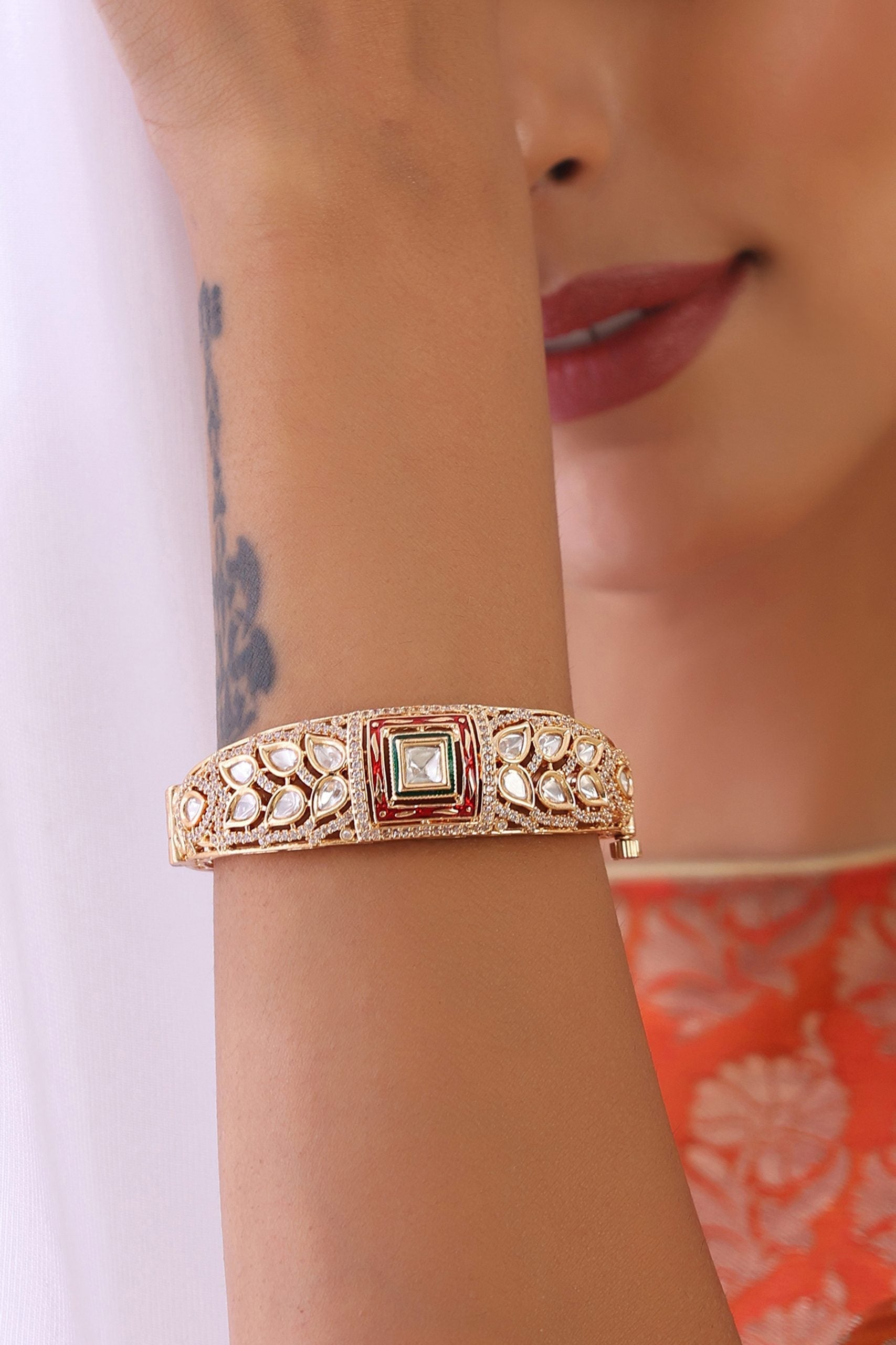 Red Rose Gold Tone Polki Bracelet