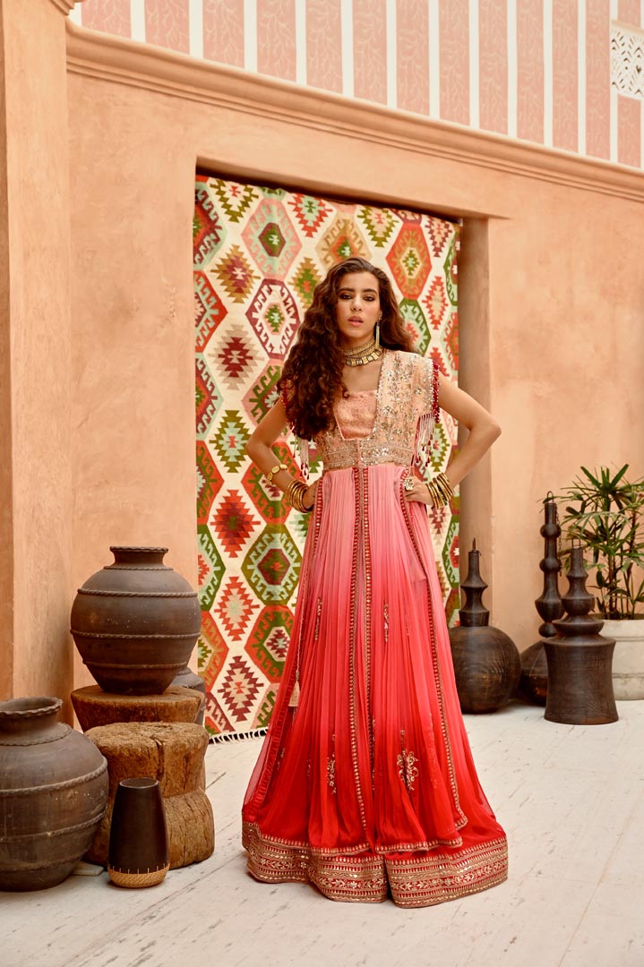 Image of Aleah coral ombre set with longline jacket with crop inner and ruched lehenga.